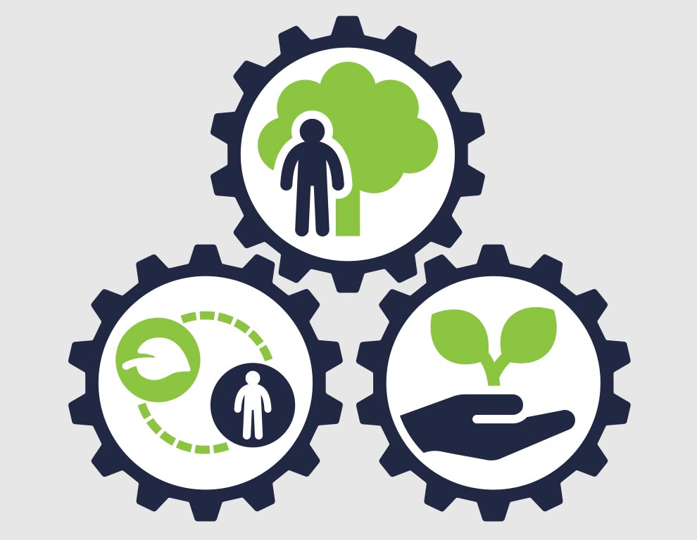 Three dark blue gear icons in a triangle representing Plasman's Sustainability Commitment. Top gear is a person with a tree representing the Environment, bottom right is a hand with a seedling on top representing Social, and bottom left is a circle with a leaf and person representing Economic.