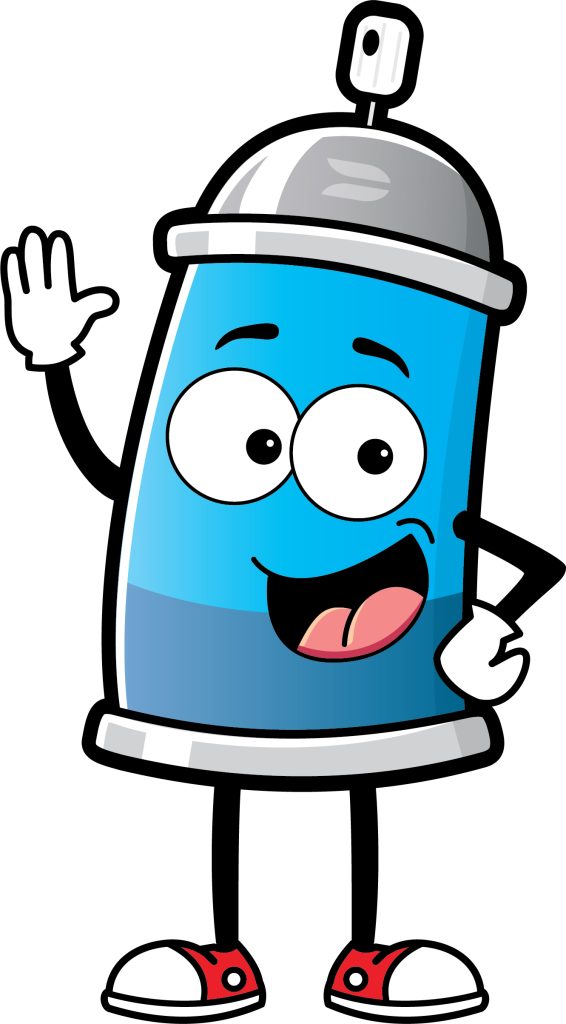 Drawing of an aerosol can as a character with large white eyes, a mouth, and arms and legs.