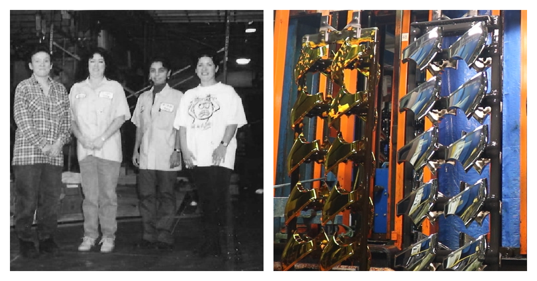 Black and white photo of the chrome line Plasman Cleveland Manufacturing in 2000 next to gold and silver chromed car parts lined up on an orange rack