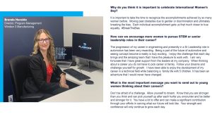 Picture of female employee from Plasman Windsor 3 Manufacturing sitting in a chair at a desk with a computer with quotes on International Women's Day
