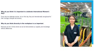 Picture of female operator from Plasman Queretaro Manufacturing in front of green molding machine with quote on International Women's Day