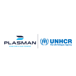 Plasman logo next to UNHCR The UN Refugee Agency logo