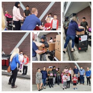 Collage of photos of Plasman employees delivering cereal boxes to students outside Begley Public School