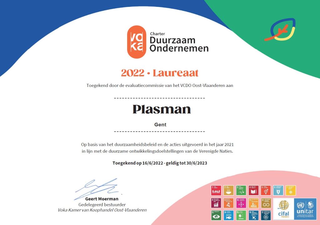 Voka Charter Duurzaam Ondernemen certification for Plasman Gent