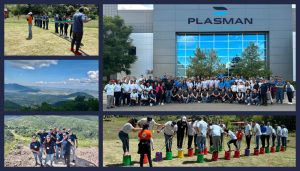 Collage of photos of Plasman Queretaro employees taking part in team building activities outside