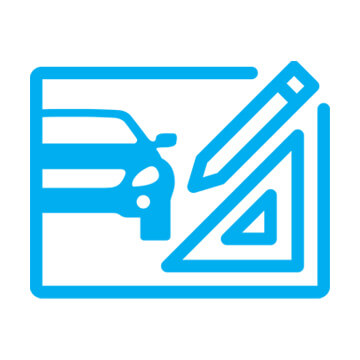 Cyan line icon of car, pencil, and triangle ruler surrounded by a box