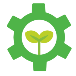 A green seedling inside a green gear icon