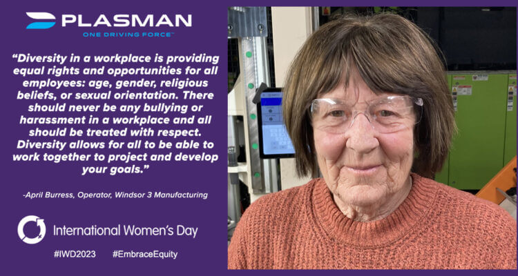International Women's Day quote from April Burgess, an employee at Plasman Windsor 3 Manufacturing