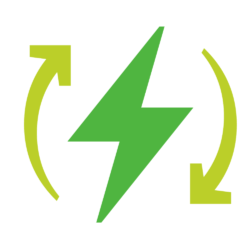 Green icon of lightning bolt with two arrows circling it