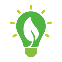 Green icon of lightbulb with a cut out leaf inside 