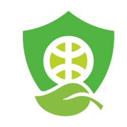Green icon of shield with leaf underneath