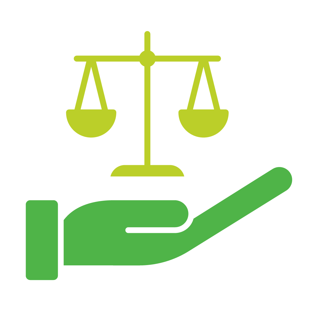 Green icon of scales on top of a green hand