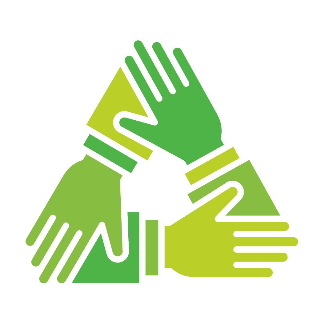 Green icon of 3 hands and forearms connecting into a triangle
