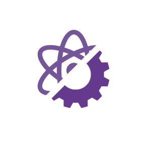 Nuclear icon with electron and a gear