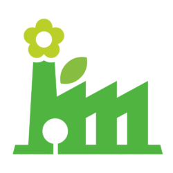 Green icon of an industrial building with flower cloud coming out of smoke stack