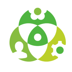 Green icon of a circle containing a flower, gear, and person
