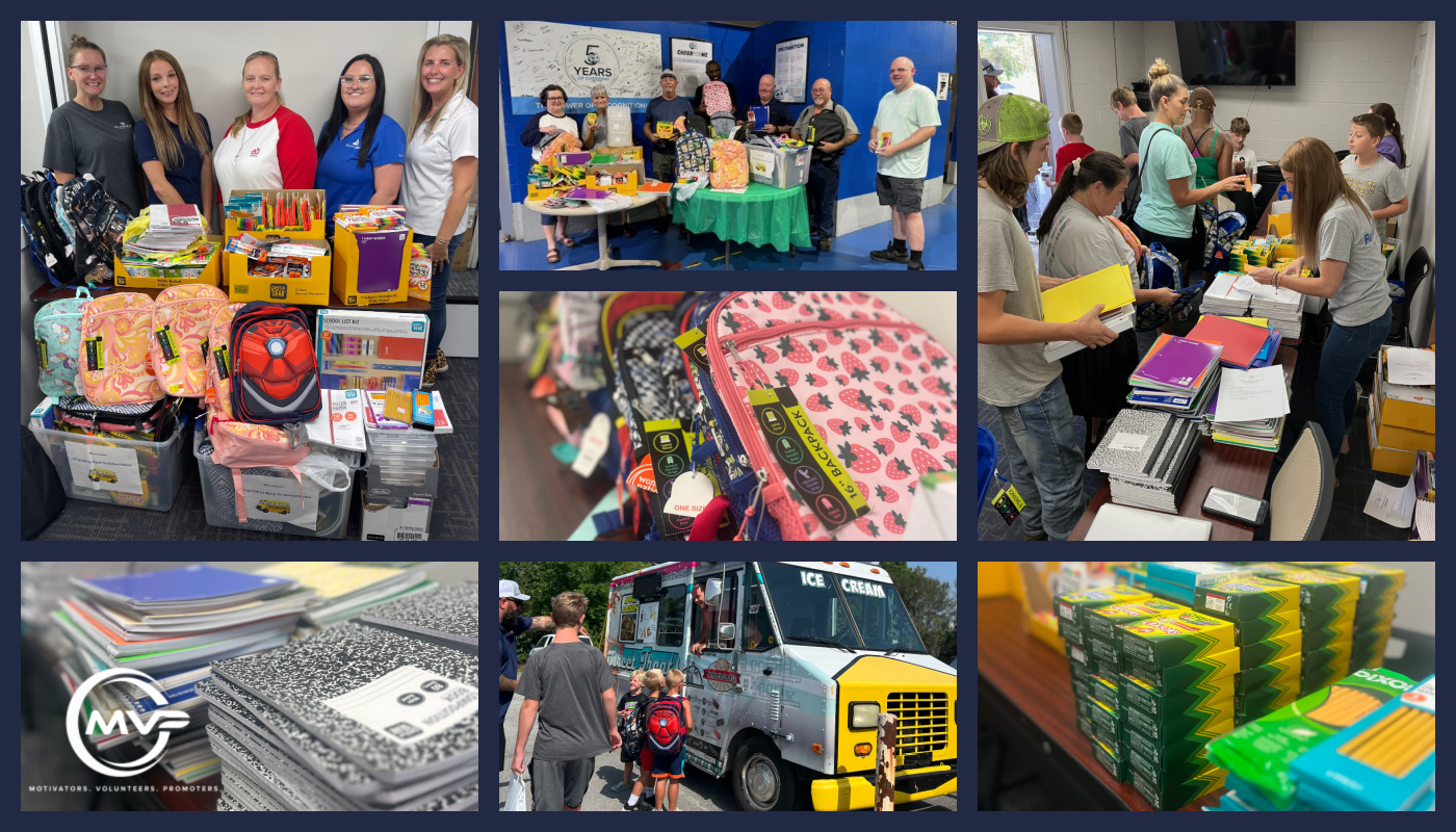 Picture collage of Plasman employees and EmployBridge colleague with school supplies handing them out to students