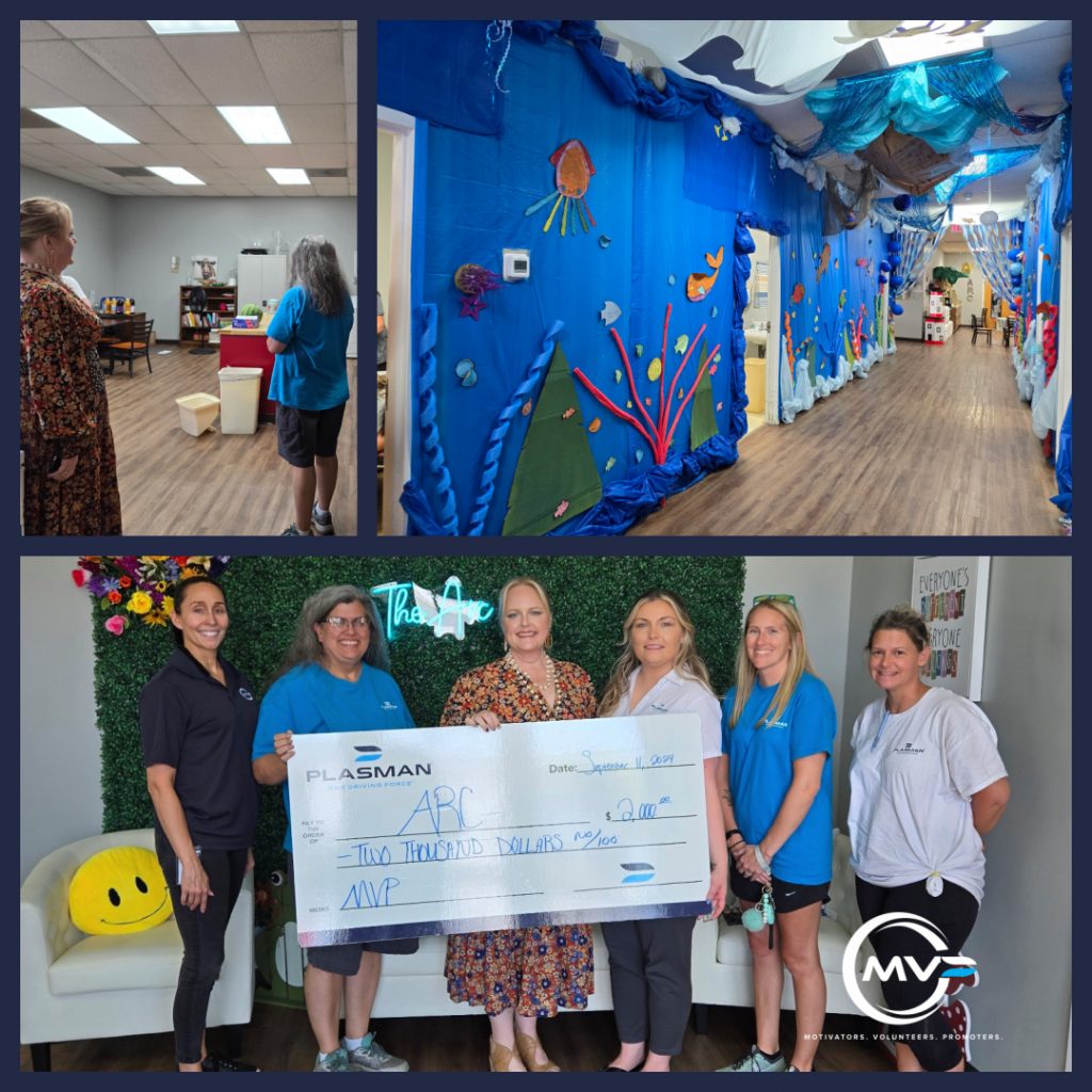 Three picture collage. Top Left an employee of the Arc standing with a Plasman employee looking at a training room. Top Right: hallway with walls decorated like under the ocean. Bottom photo group shot of Plasman MVP Ambassadors and The Arc representatives holding a big cheque for $2,000