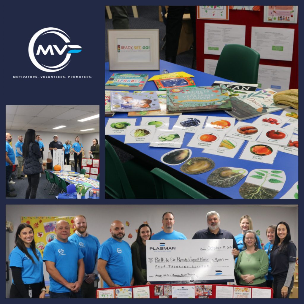 Collage of pictures: Top Left MVP logo, top right table with pictures of vegetables and their names and books, middle left picture group of Plasman MVP ambassadors standing in a room listening to the coordinator, bottom picture Plasman MVP ambassadors and Ready, Set, Go representatives standing together holding a large cheque for the amount of $4,000