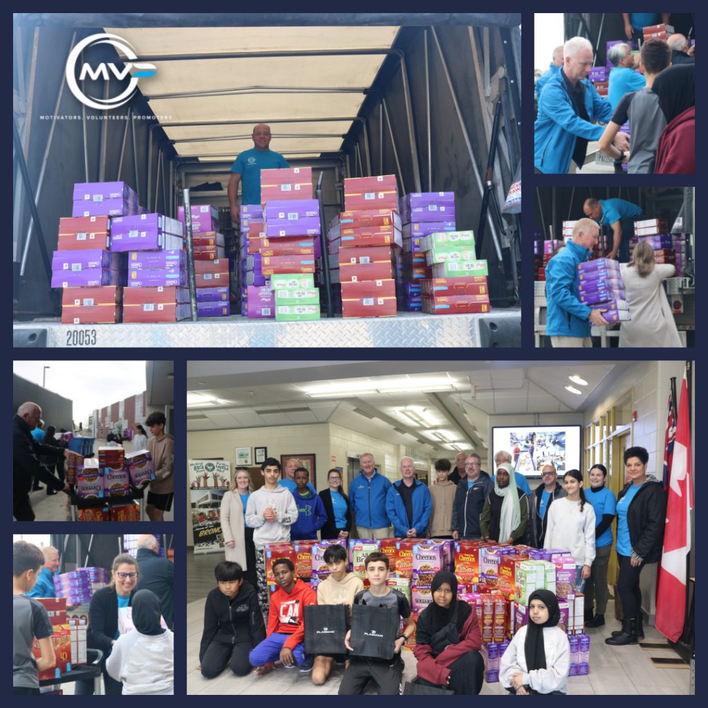 collage pictures top is the back of a Plasman truck filled with cereal boxes to the right are two picture one of the CEO and the other of the VP of NA helping unload, bottom left a MVP Ambassador helping children unload the boxes and bottom right is a group shot of both Begely students and staff with Plasman MVP ambassadors around 200 boxes of cereal