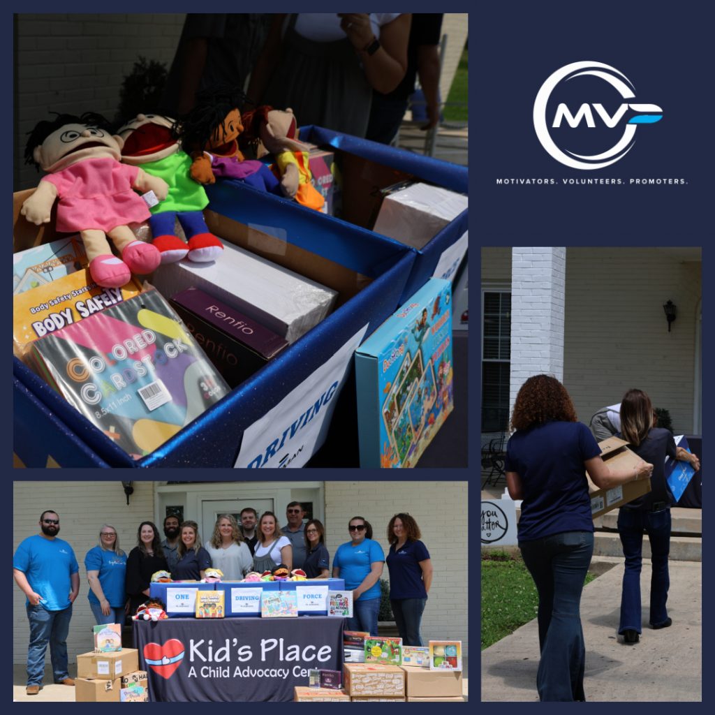 collage of three pictures top left of boxes of donations, bottom right group picture of both MVP ambassadors and Kid's Place representatives standing behind donation boxes and bottom right two people carrying boxes of donations to the center