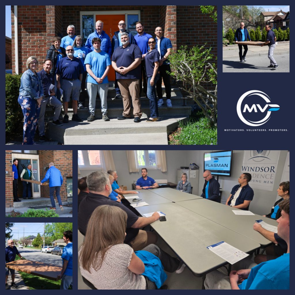 collage of pictures with Plasman MVP members bringing in boxes into residence, picture of them on front porch and siting at a classroom with executive director Jason explaining what WRYM does