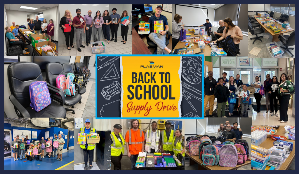 Plasman back to school drive collage of different locations gathering and holding school supplies