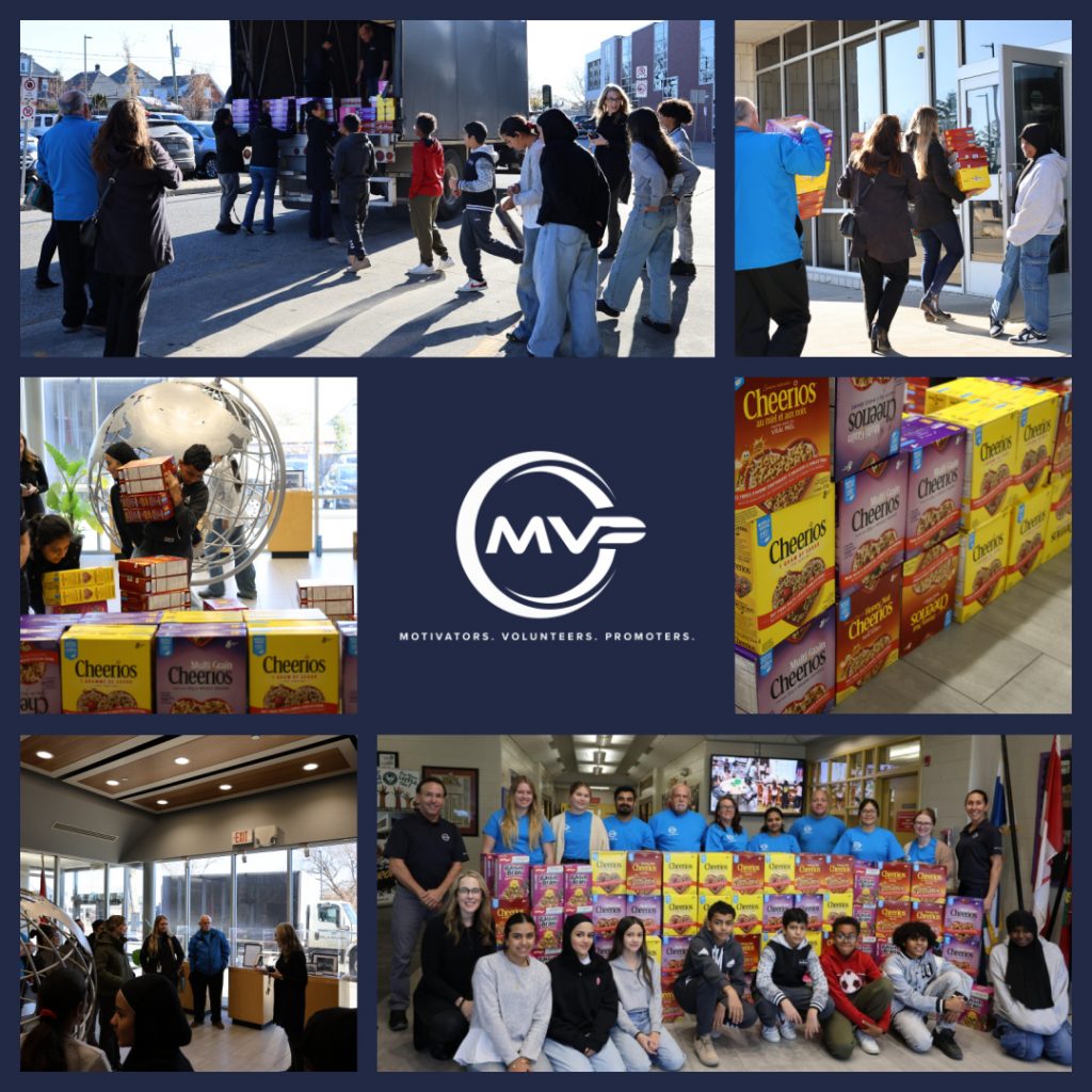 Collage of pictures showing the unloading of the truck with cereal boxes by both the kids and MVP ambassadors and a picture of the group together with the cereal