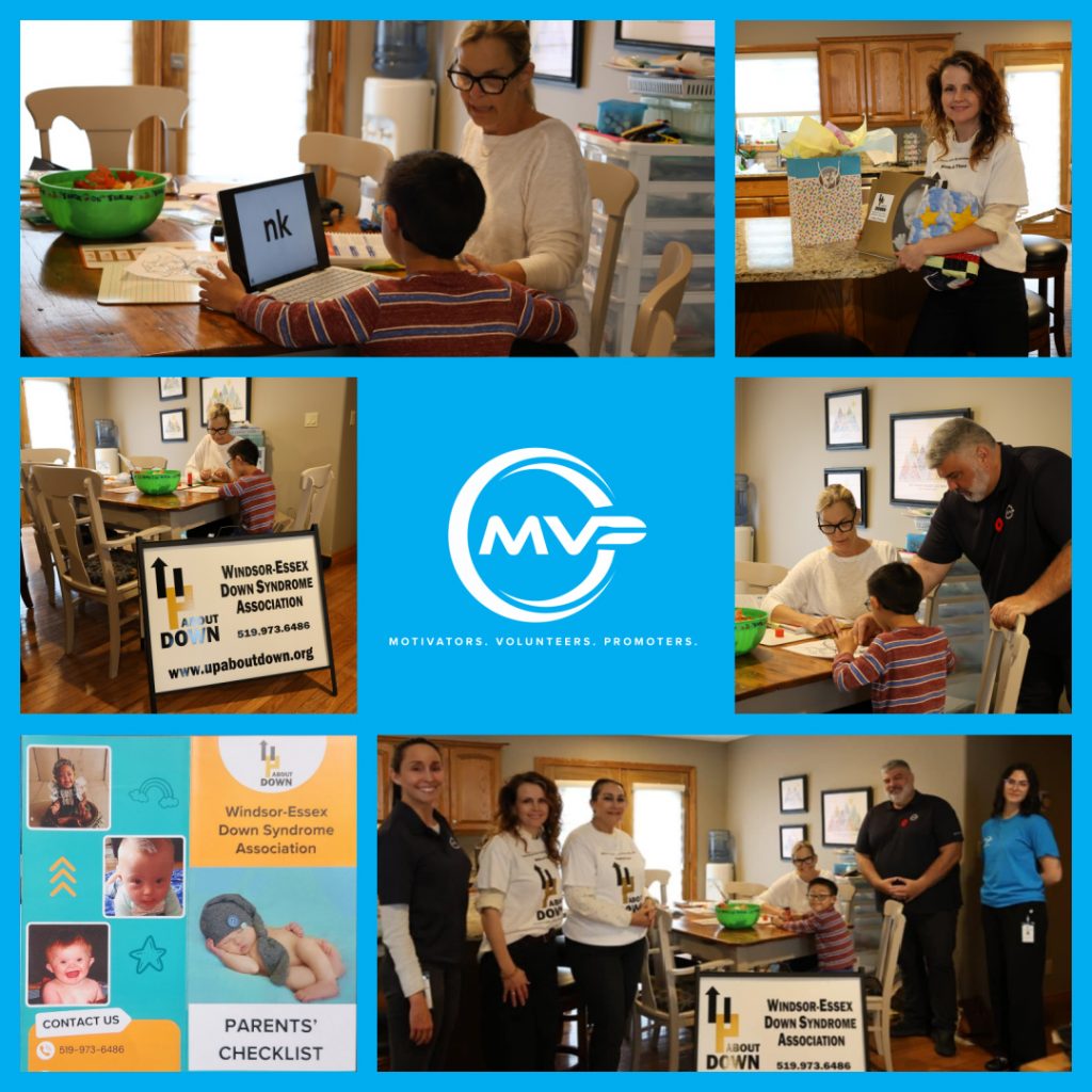 collage of photos with an Up about Down child having a reading sesssion with the teacher in her kitchen, and a group photo of them and MVP ambassadors standing around the kitchen table