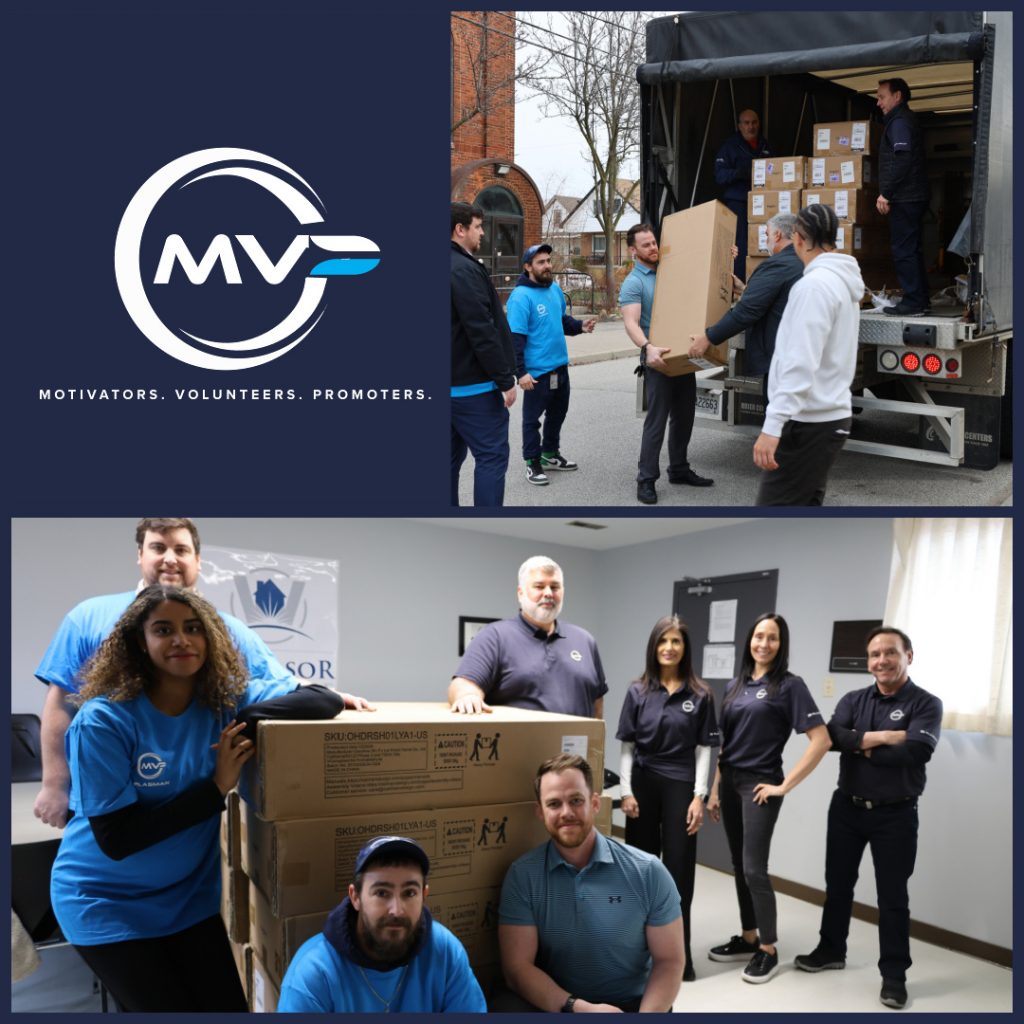 Collage with two pictures first top right shows MVP ambassadors unloading the Plasman truck of boxes and bottom picture is a group shot gathered around the boxes in WRYM.