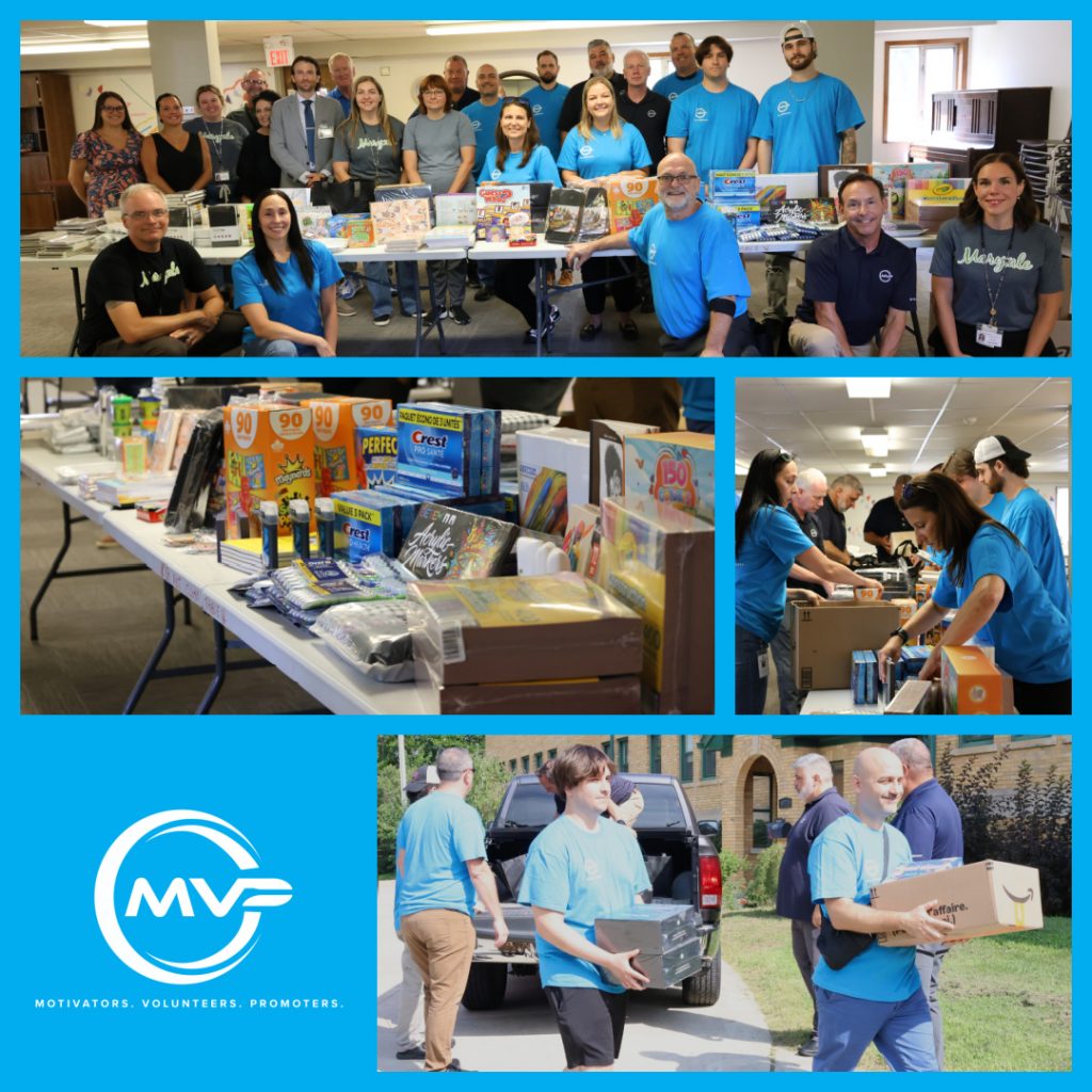 Collage of photos that include a group shot with MVP ambassadors and Maryvale representatives, unloading of donations from a truck and stacking them on a table