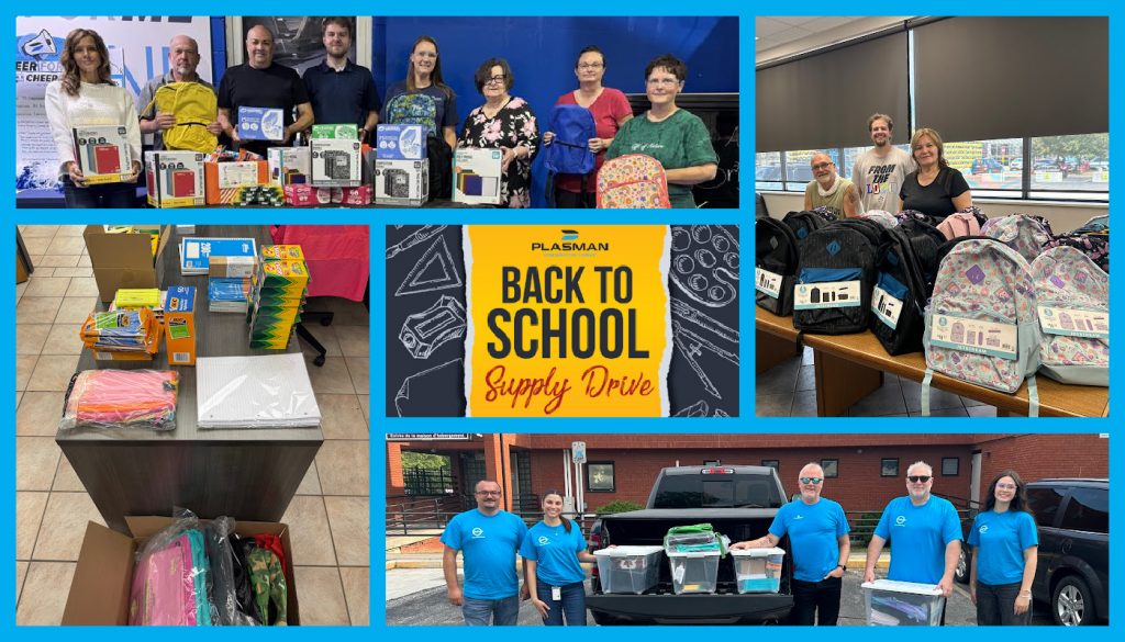 collage of Plasman team members with their school supplies