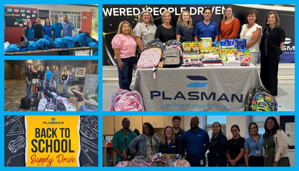 collage of Plasman team members with their school supplies